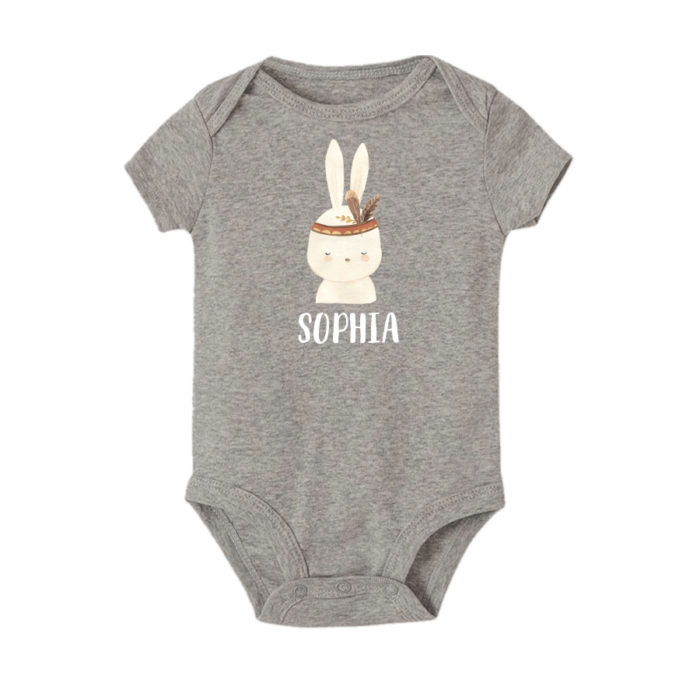 Custom Name Baby Onesie Romper Baby bodysuit Boho Baby Bunny Design Grey Color