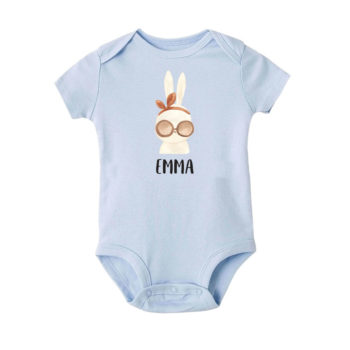 Custom Name Baby Onesie Romper Baby bodysuit Boho Bunny On Holidays Design Blue Color