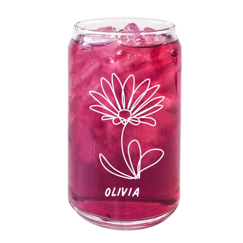 Flower Line Art Design Custom Name Coffee Can Glass Cold Beverage Glass