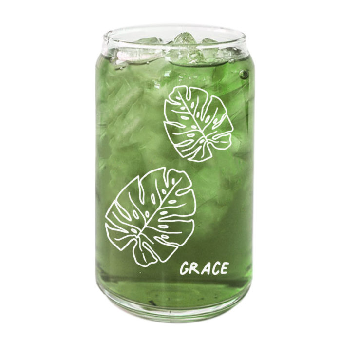 Palm Leaves Design Custom Name Coffee Can Glass Cold Beverage Glass