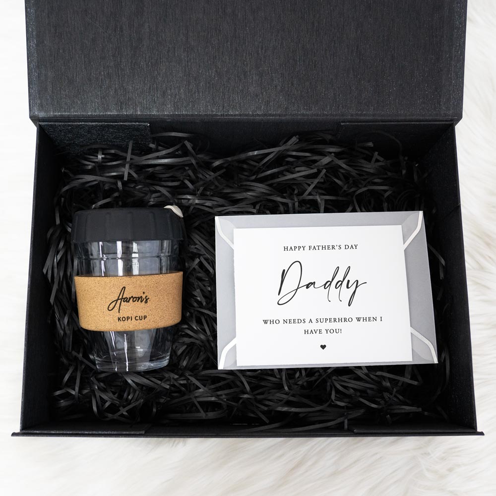 Dad’s Morning Rush Box Gift Box, Gift Card, Cork Wood Band Glass