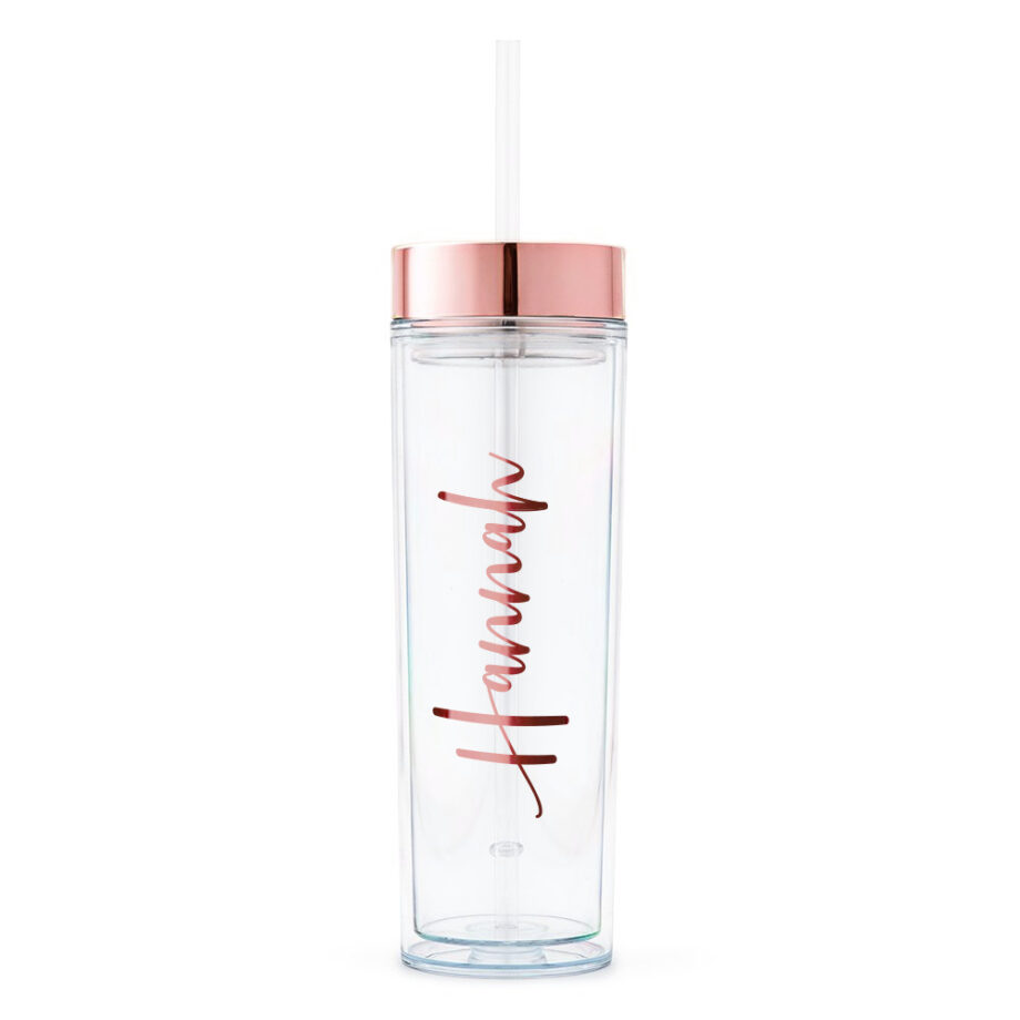 Double Wall Clear Tumbler Rose Gold Rim with Custom Name