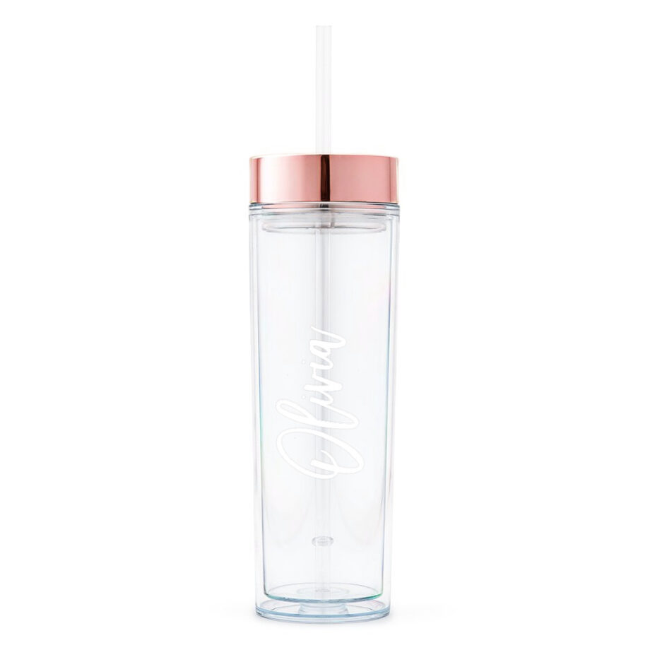 Double Wall Clear Tumbler Rose Gold Rim with Custom Name