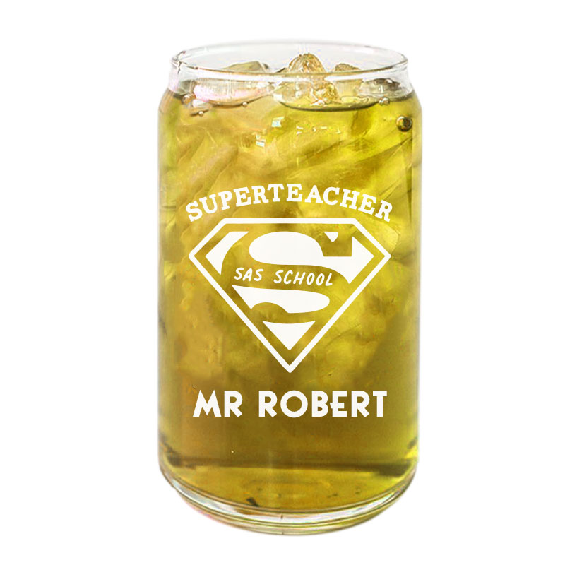 Superteacher custom name Beer Coffee Can Glass Cold Beverage Glass