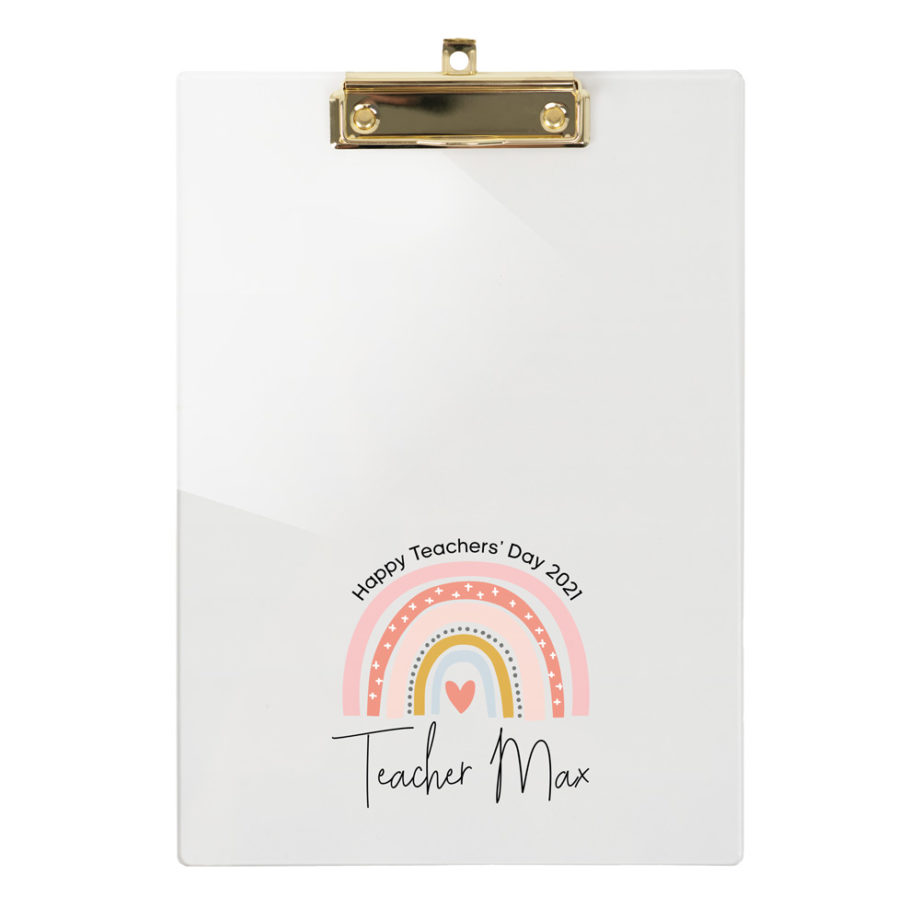 Custom Name Clear Acrylics Gold A4 Clipboard Pastel Pink Coral Rainbow Design