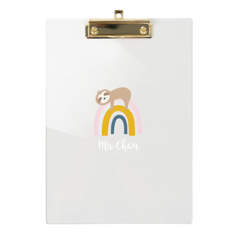 Custom Name Clear Acrylics Gold A4 Clipboard Rainbow Sloth Design