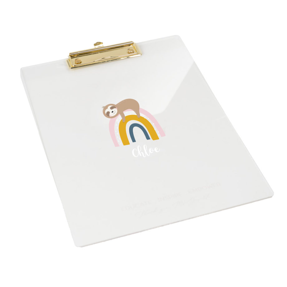 Custom Name Clear Acrylics Gold A4 Clipboard Rainbow Sloth Design
