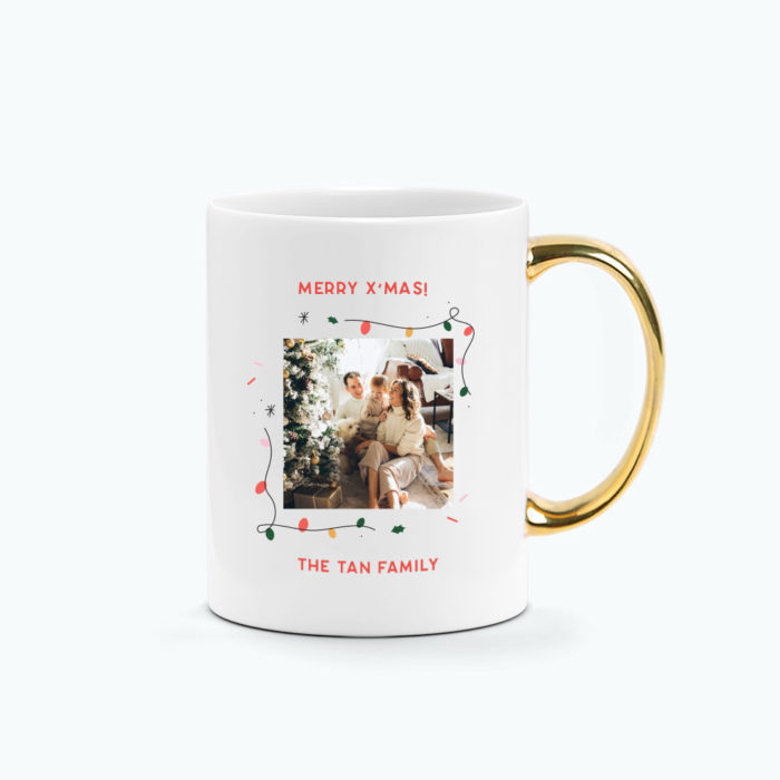 Custom Text Christmas Gift Printed Mug Gold Handle-Printed Photo Design