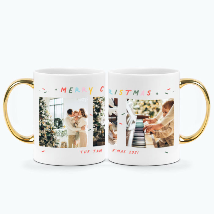 Custom Text Christmas Gift Printed Mug Gold Handle-3 Frames Printed Photo Design