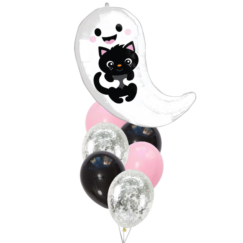 "Helium inflated Ghost with Black Cat Foil & latex balloons set