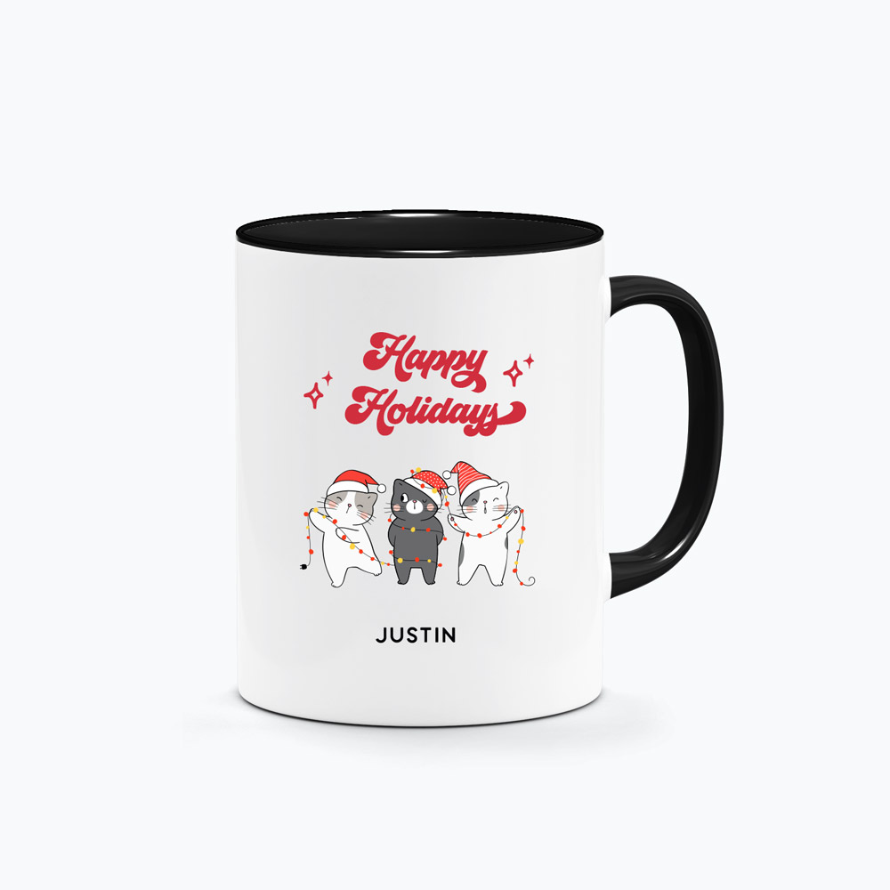 Custom Name Christmas Gift Printed Mug - Merry Cats Design