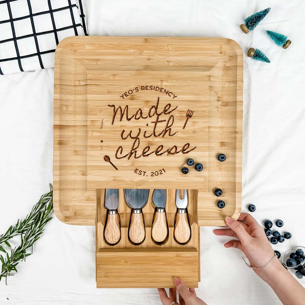 Christmas Collection Engraved Wooden Square Cheese Board - Made With Cheese