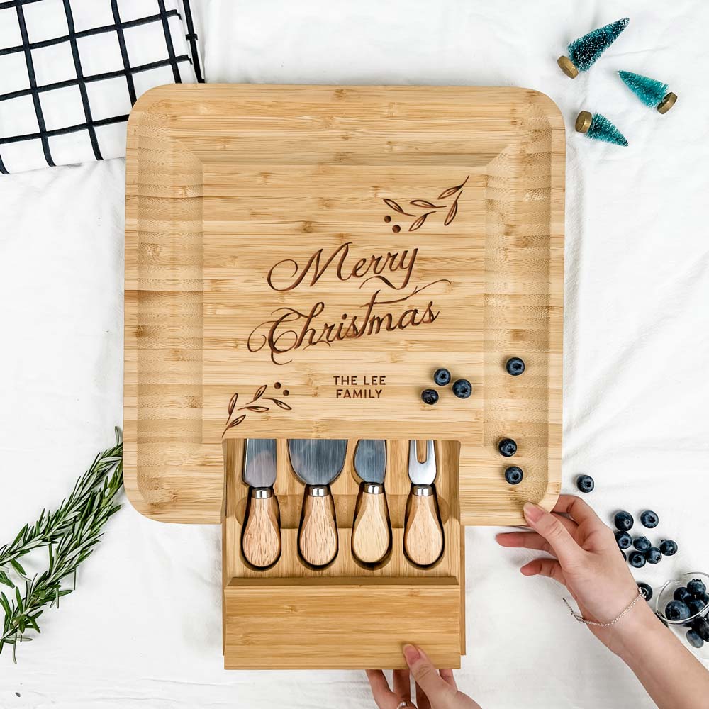Custom Subtext Christmas Gift Engraved Wooden Cheese board -merry christmas design