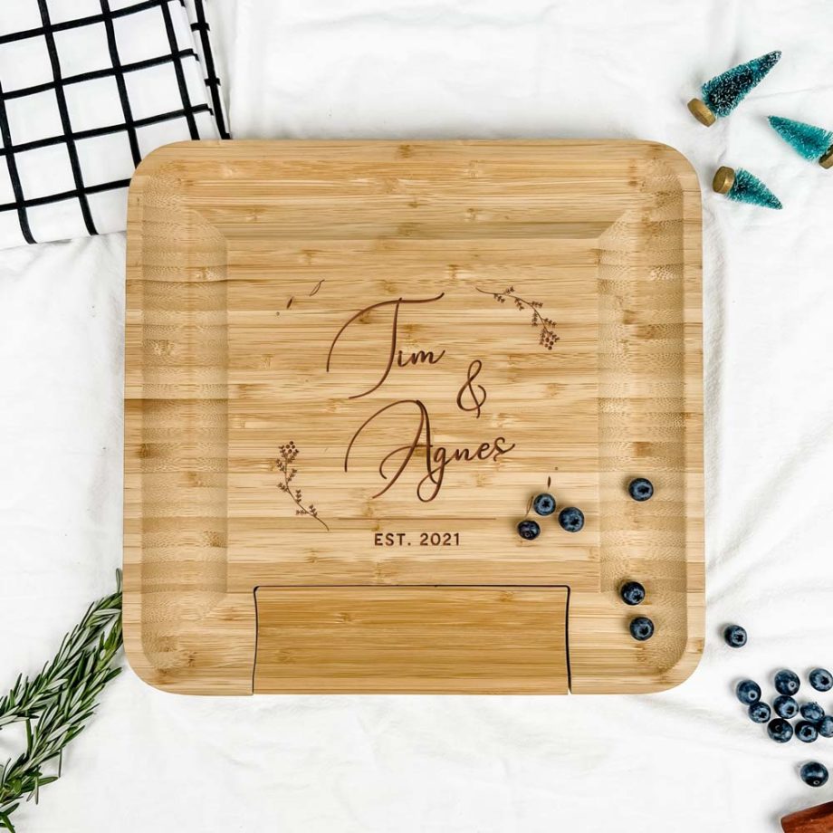 Custom Subtext Christmas Gift Engraved Wooden Cheese board -couple wreath design