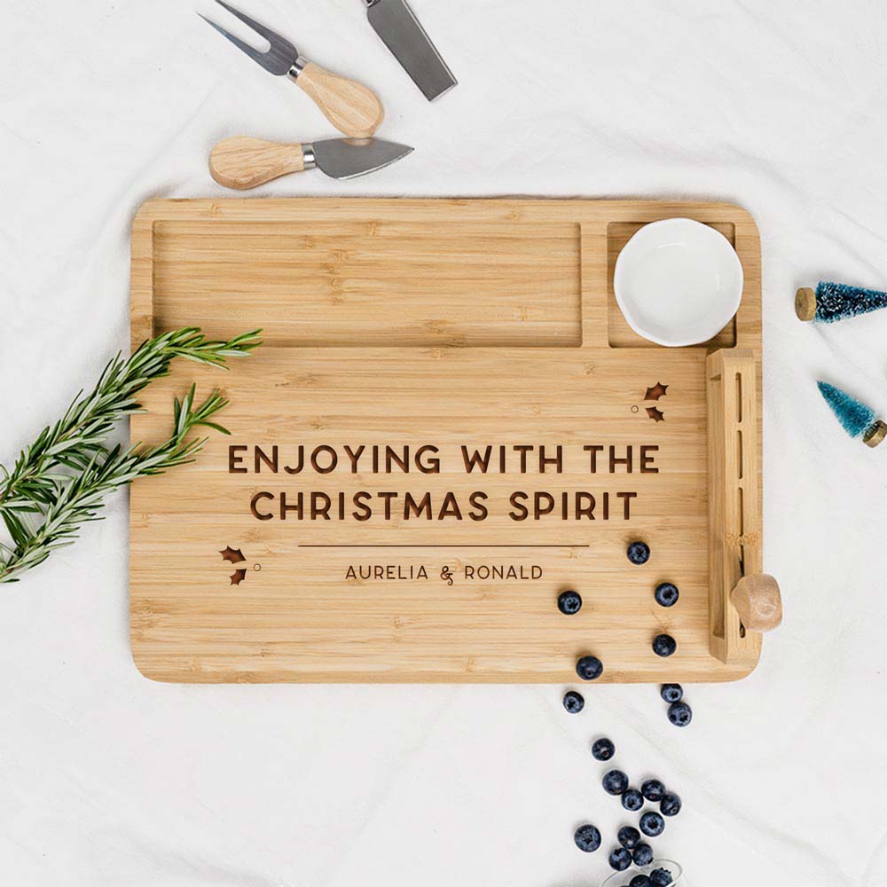 Engraved Wooden Rectangular Cheese Board - Custom Text Enjoying with the Christmas Spirit