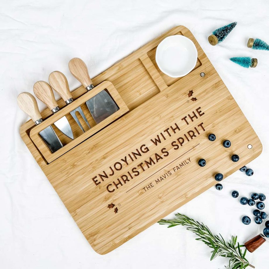 Engraved Wooden Rectangular Cheese Board - Custom Text Enjoying with the Christmas Spirit
