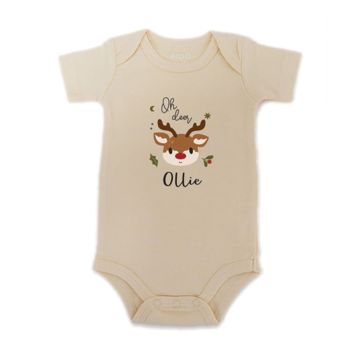 Custom name Custom subtext Christmas Gift Personalized Baby bodysuit and tee Baby Rudolph design ivory