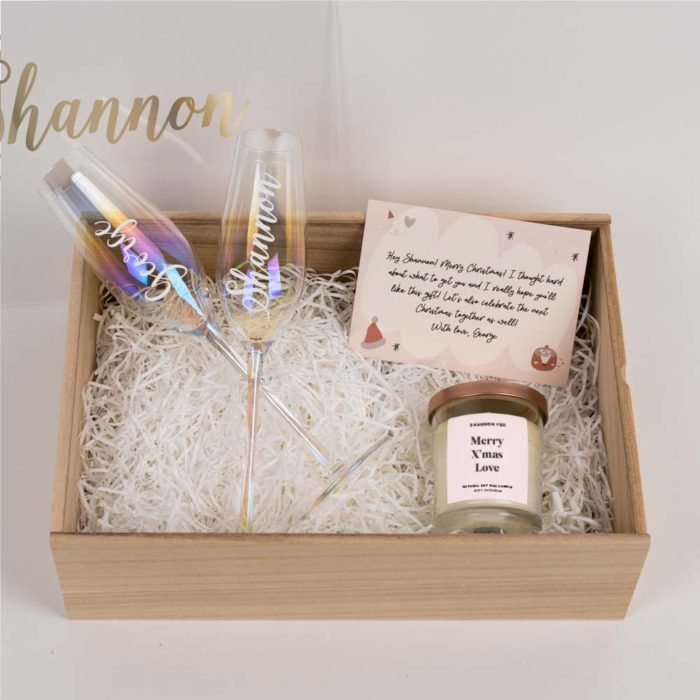 Christmas Cozy Box (Clear Acrylic Cover) - Acrylics Clear Cover Box, Personalised Champagne Glasses, Soy Wax Candle, Gift Card