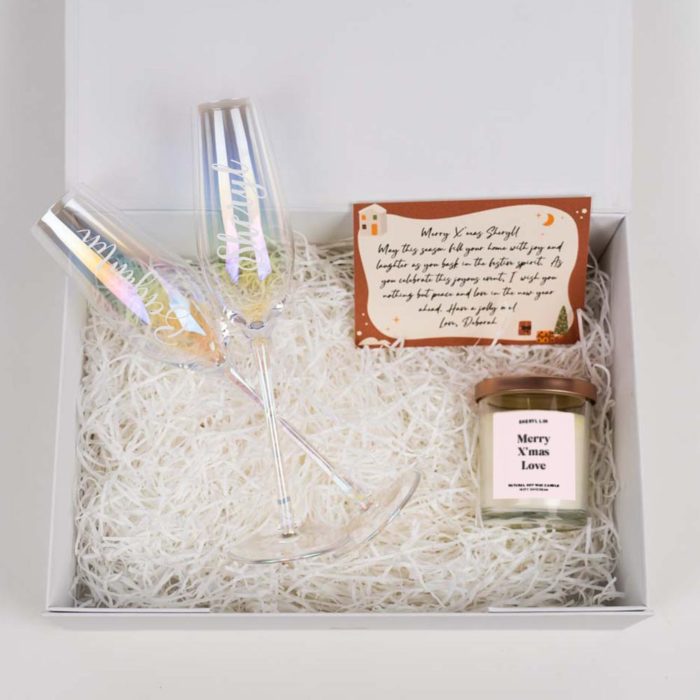 Valentines Day Curated Gift Set Box Champagne Glasses Scented Candle and Gift Card