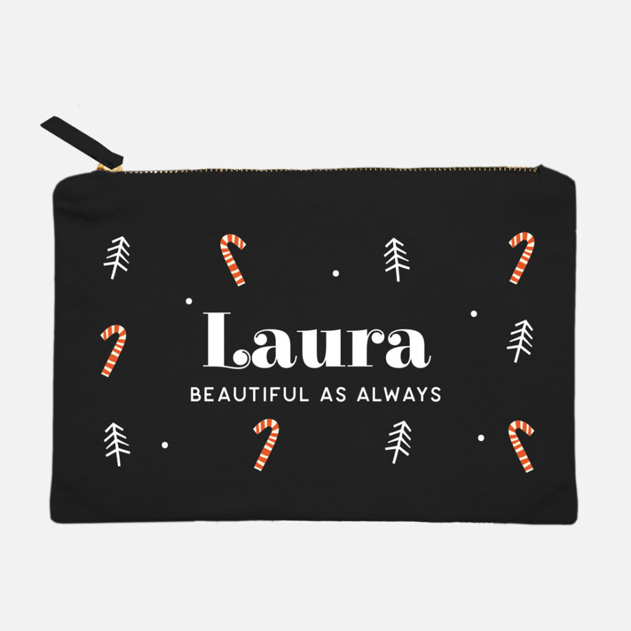 Custom name custom subtext Christmas Gift personalized make up bag candy canes design black
