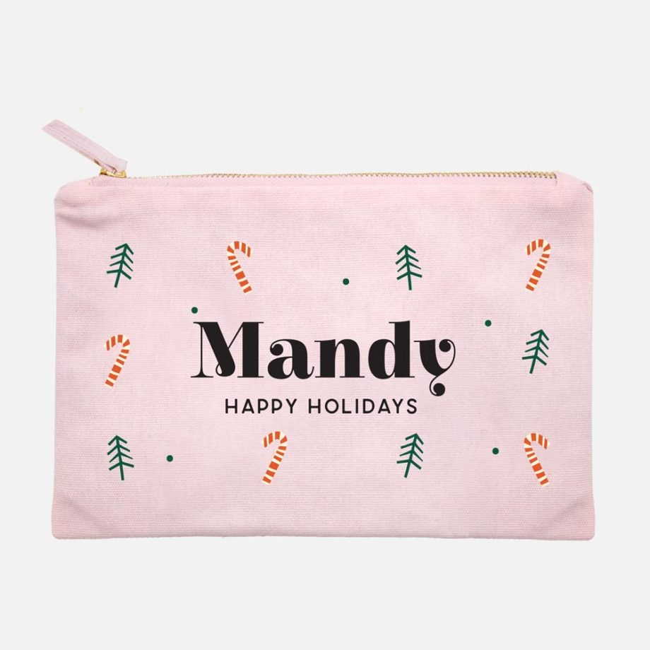 Custom name custom subtext Christmas Gift personalized make up bag candy canes design pink