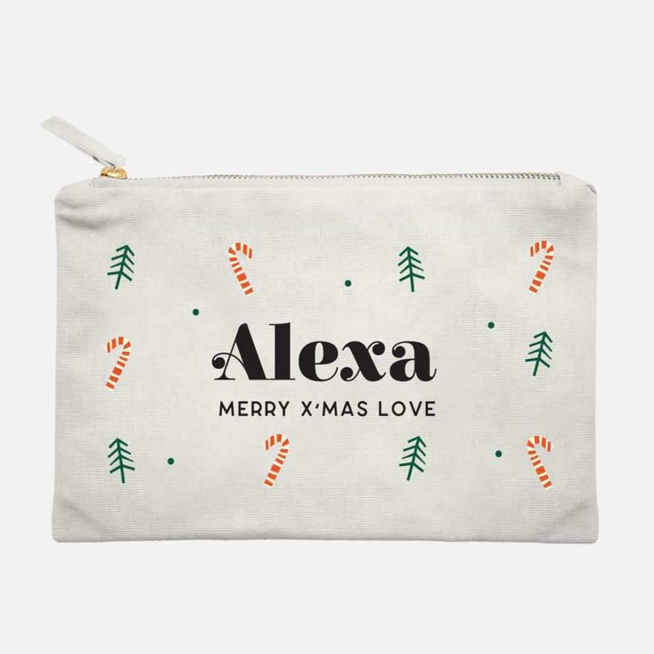Custom name custom subtext Christmas Gift personalized make up bag candy canes design white