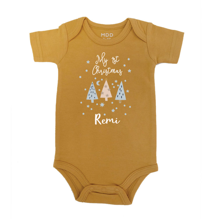 Custom name custom year Christmas Gift Personalized Baby Bodysuit Christmas trees design mustard