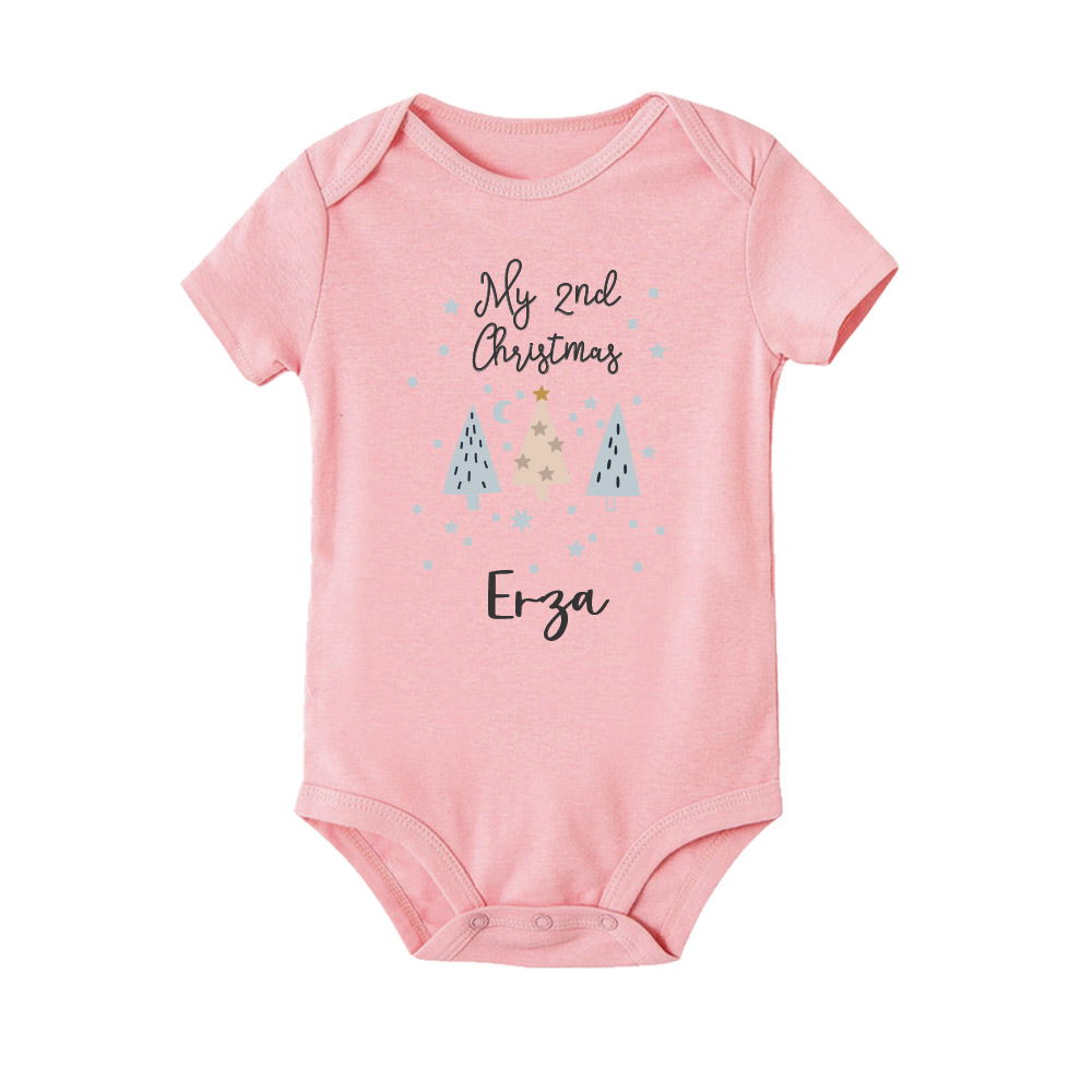 Custom name custom year Christmas Gift Personalized Baby Bodysuit Christmas trees design pink