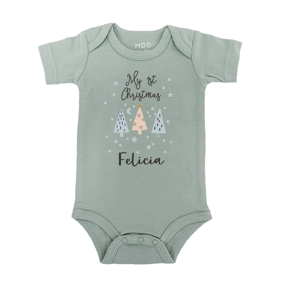 Custom name custom year Christmas Gift Personalized Baby Bodysuit Christmas trees design sage