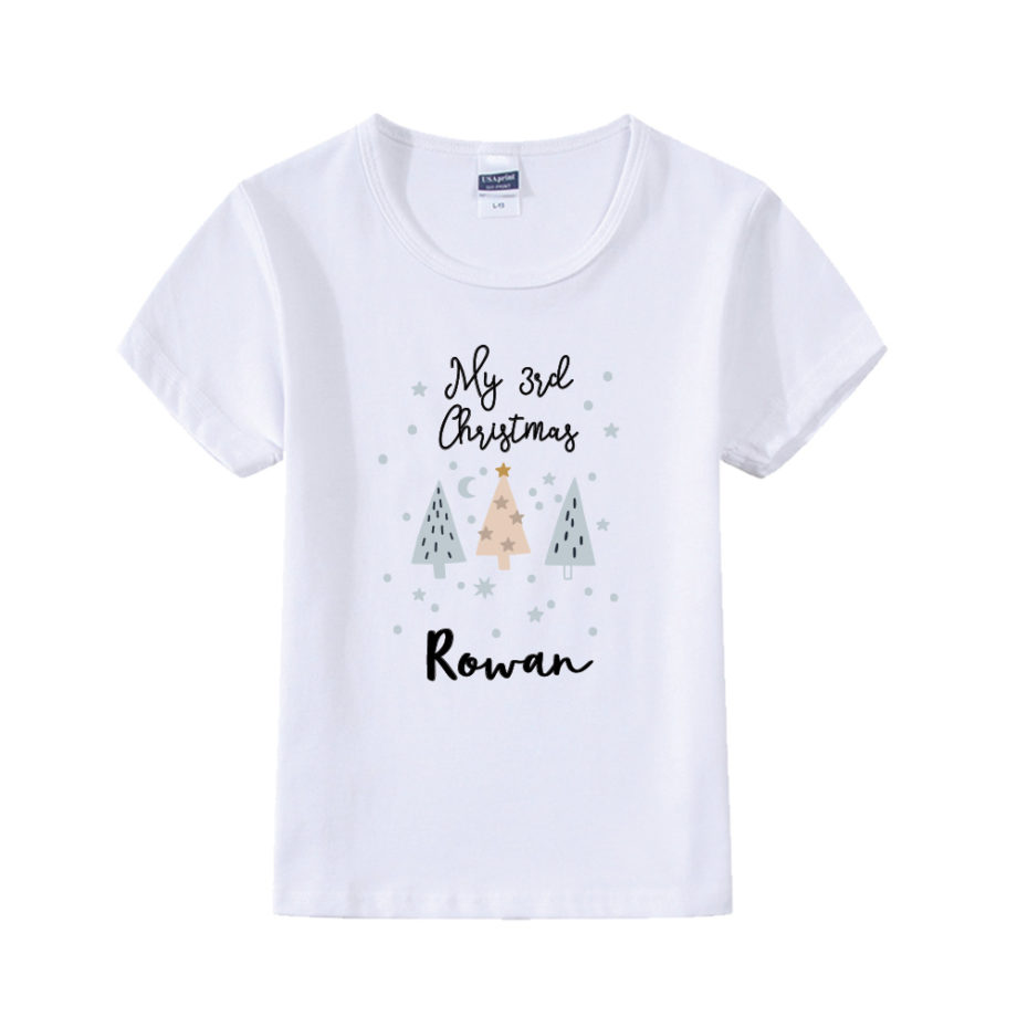 Custom name custom year Christmas Gift Personalized Baby Tshirt Christmas trees design white