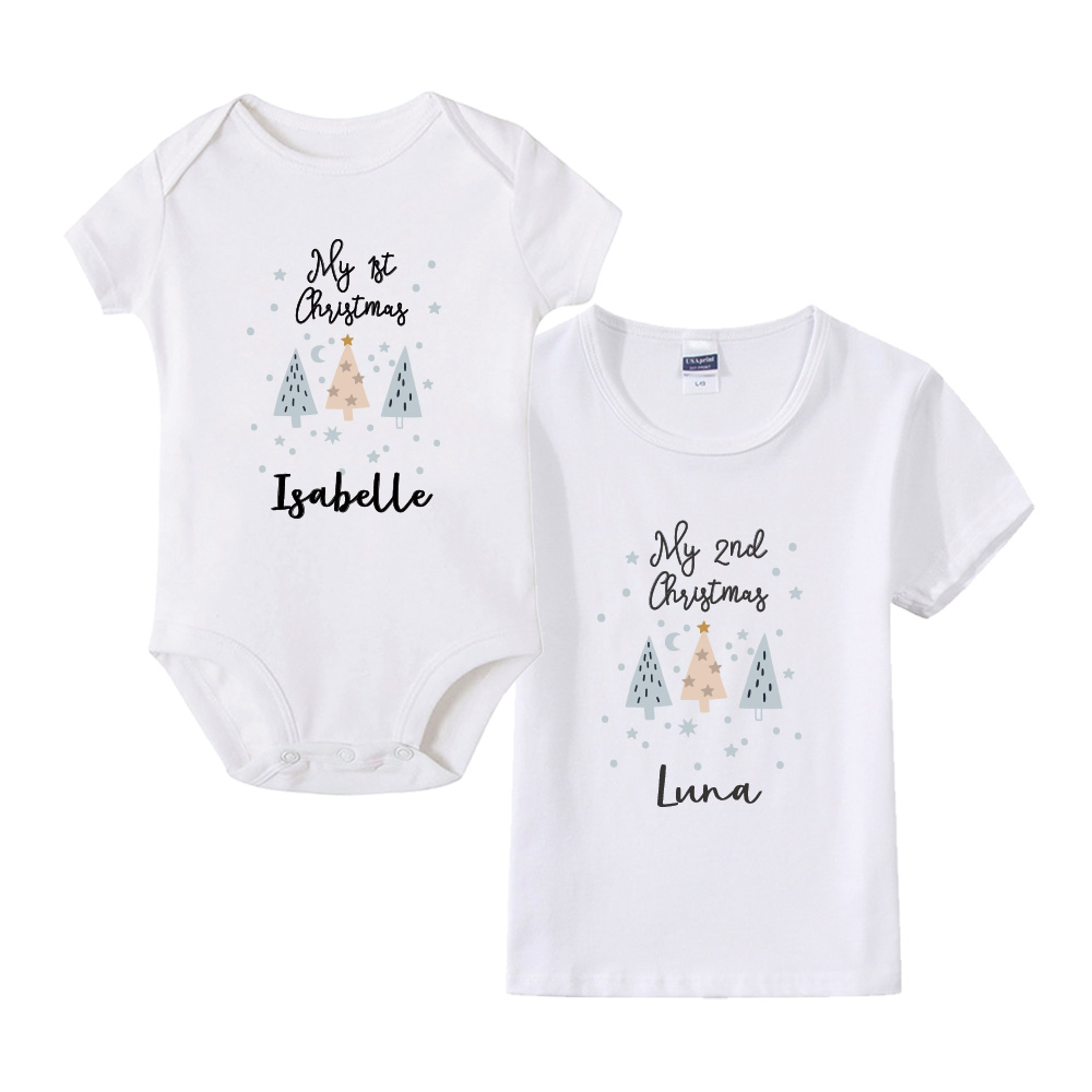 Custom name custom year Christmas Gift Personalized Baby Bodysuit and Tshirt Christmas trees design