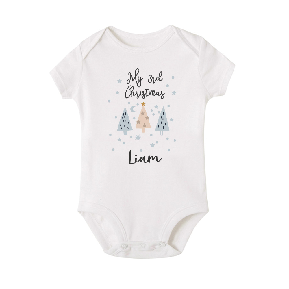 Custom name custom year Christmas Gift Personalized Baby Bodysuit Christmas trees design white
