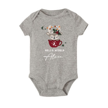 Custom name Christmas Gift Personalized Baby bodysuit Deer in a cup design grey