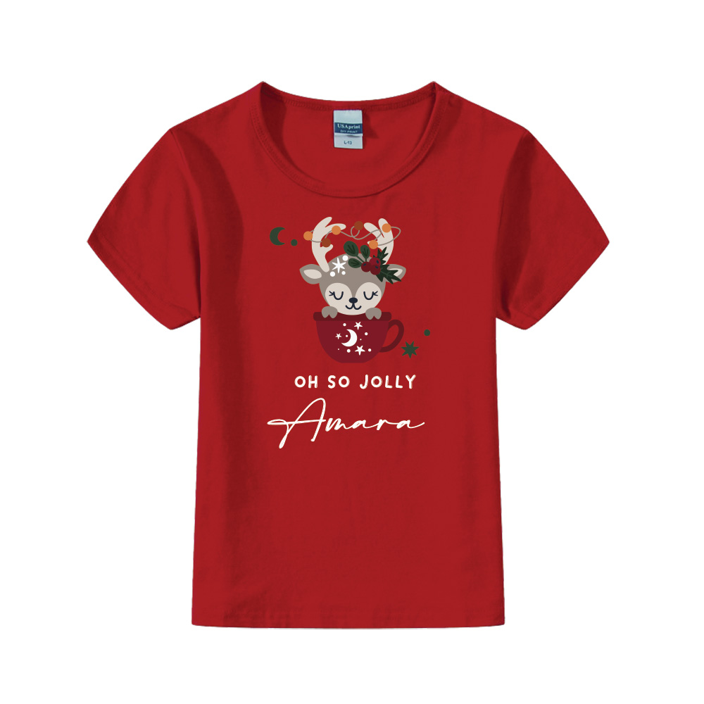 Custom name Christmas Gift Personalized Baby Tshirt Deer in a cup design red