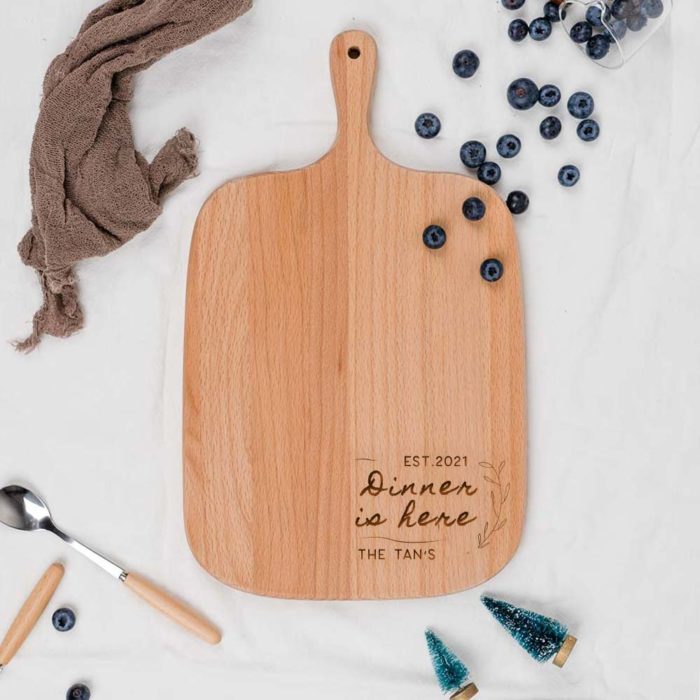 Custom Subtext Christmas Gift Engraved Wooden Cutting Board - Dinner is here Design