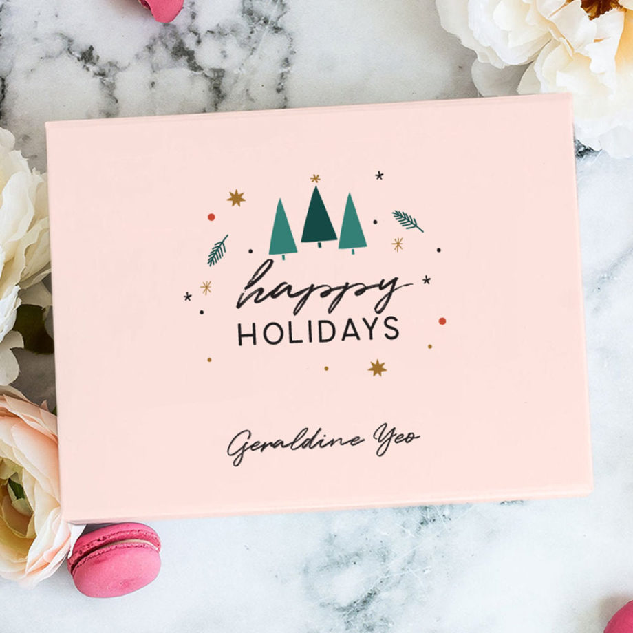 Custom Name Custom Subtext Christmas Gift Box Festive trees Design pink