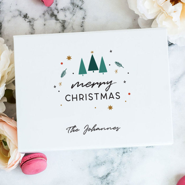 Custom Name Custom Subtext Christmas Gift Box Festive trees Design white