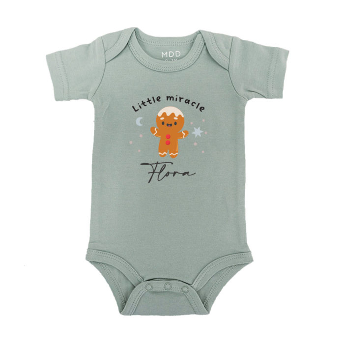 Custom name Custom subtext Christmas Gift Personalized Baby bodysuit Gingerbread boy design sage