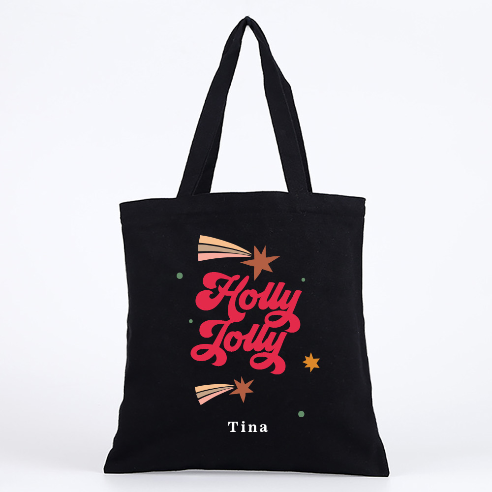 Custom name Christmas Gift Personalized Tote bag Holly Jolly design black