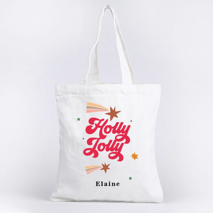 Custom name Christmas Gift Personalized Tote bag Holly Jolly design white