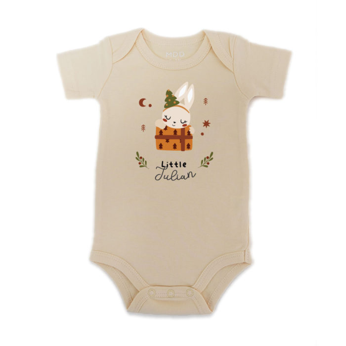 Custom name Christmas Gift Personalized Baby bodysuit Little bunny design ivory