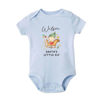 Custom name Christmas Gift Personalized Baby bodysuit Little elf boy design blue