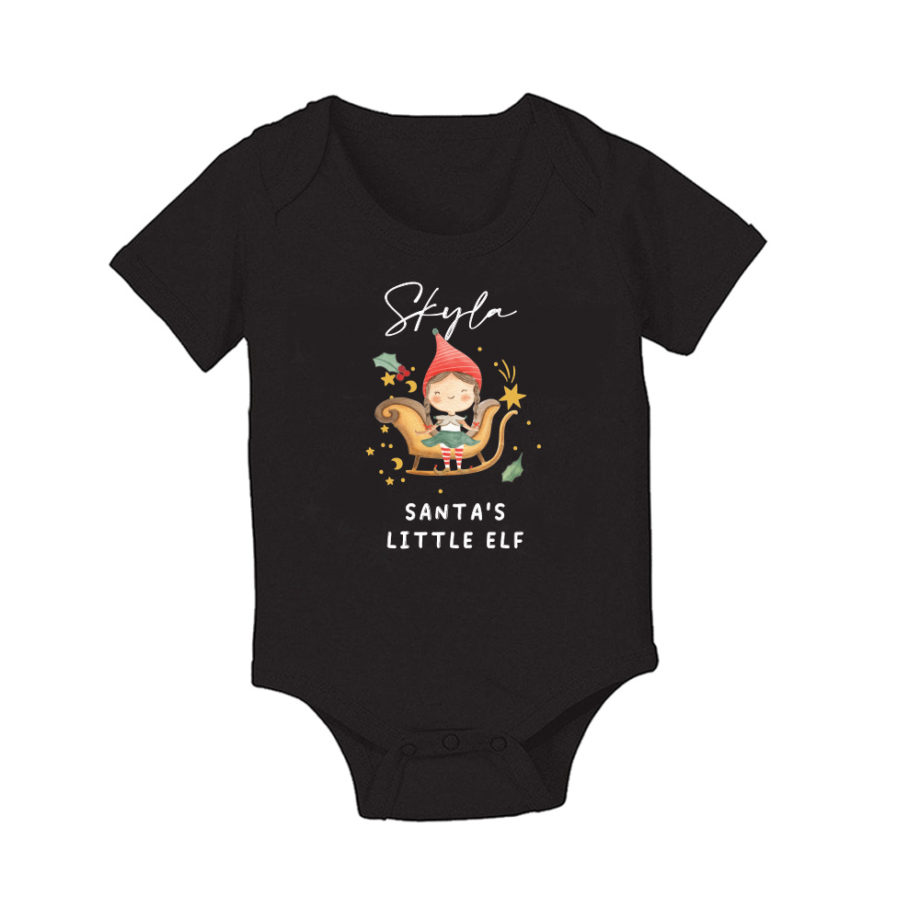 Custom name Christmas Gift Personalized Baby bodysuit Little elf girl design black