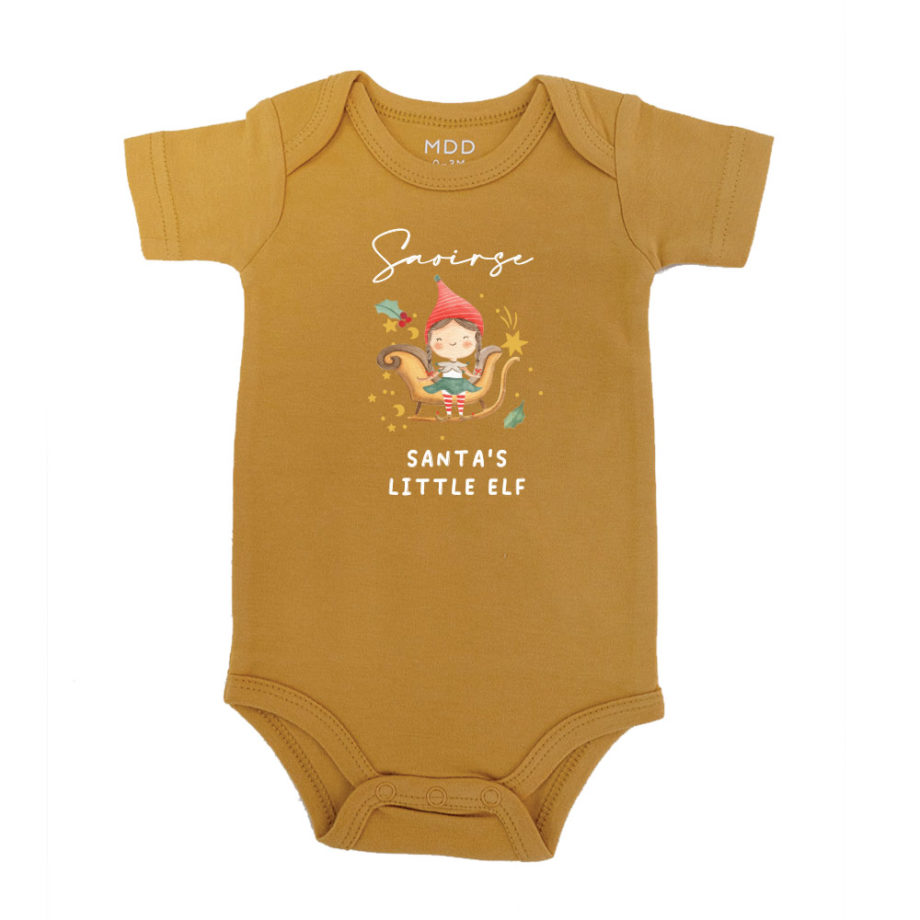Custom name Christmas Gift Personalized Baby bodysuit Little elf girl design mustard
