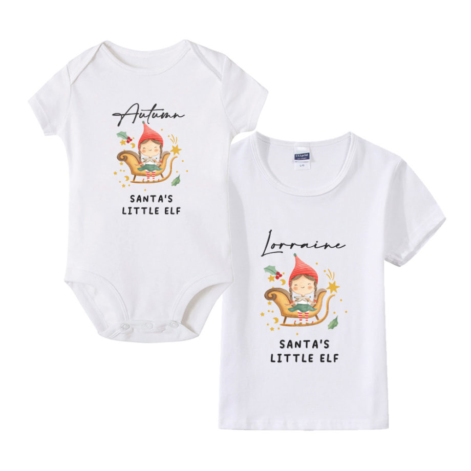 Custom name Christmas Gift Personalized Baby bodysuit and Tshirt Little elf girl design