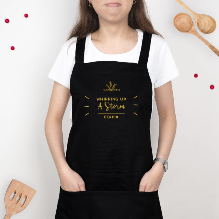 Custom name Christmas Gift personalized apron - whipping up a storm design cream