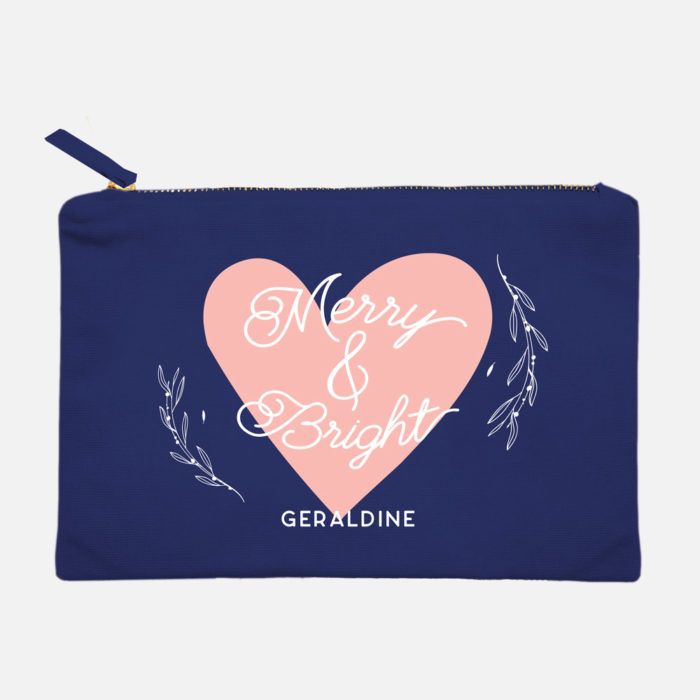 Custom name Christmas Gift personalized make up bag Merry + Bright design blue