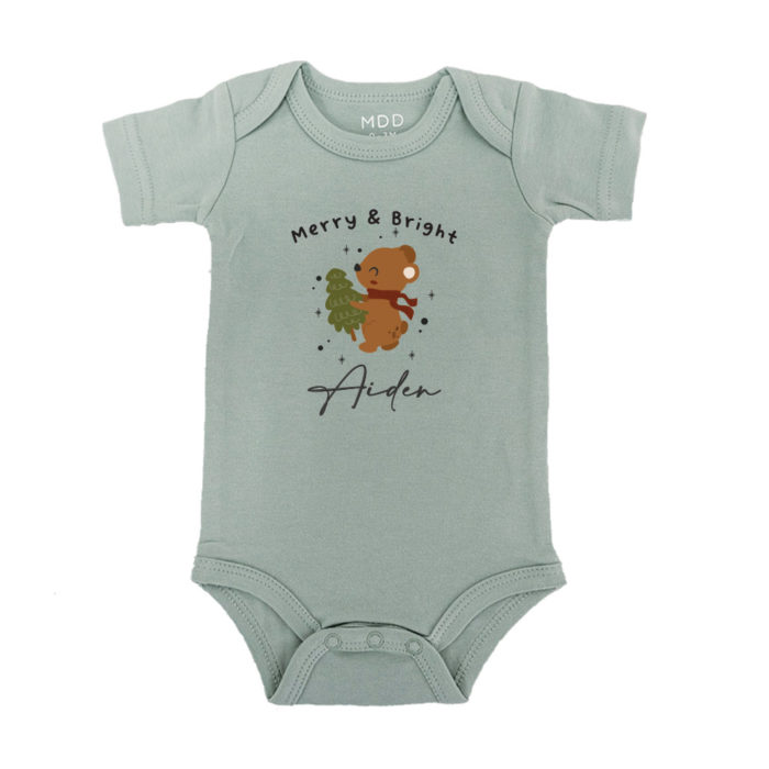 Custom name Custom Subtext Christmas Gift Personalized Baby bodysuit Merry bear sage