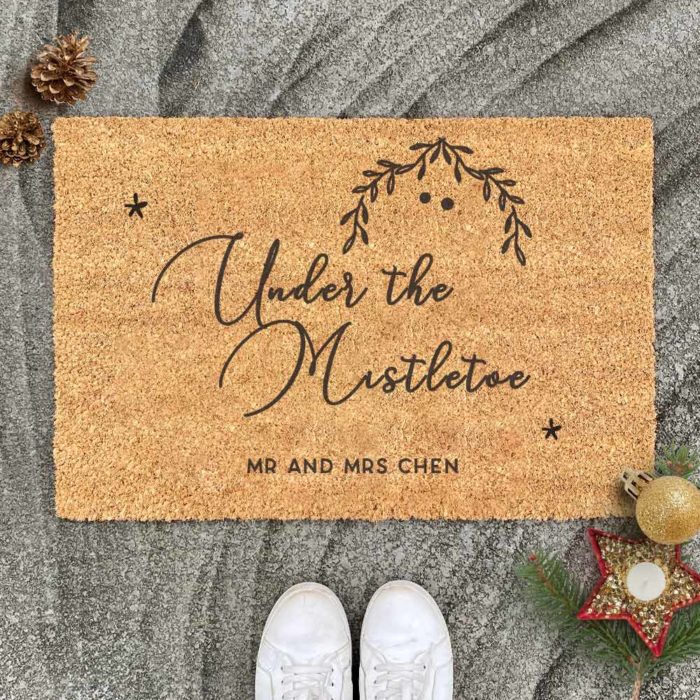 Christmas Gift Door Mat Custom Subtext Under the Mistletoe Design