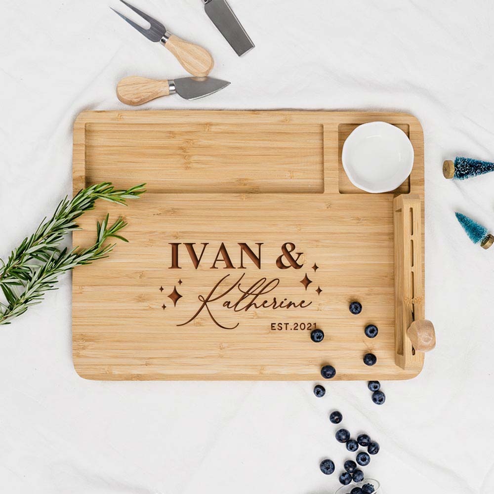 Engraved Wooden Rectangular Cheese Board - Custom Couple Names Modern Sparkle